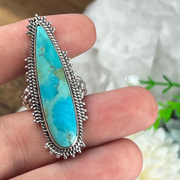 Boho Southwest Sterling Silver 925 Turquoise Ring Size 7 Long Blue Pear New - Picture 8 of 13